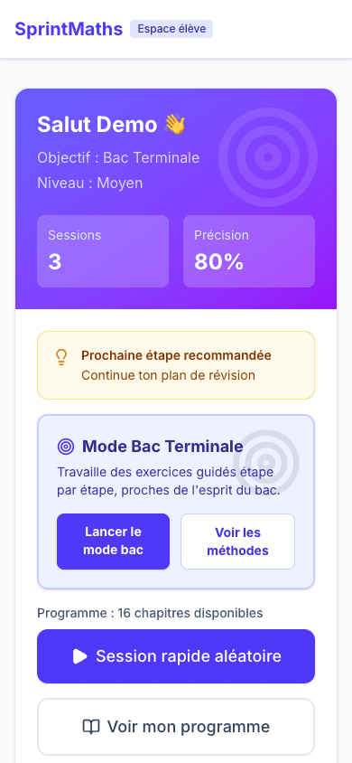 Capture mobile du tableau de bord SprintMaths avec accès au Mode Bac Terminale.