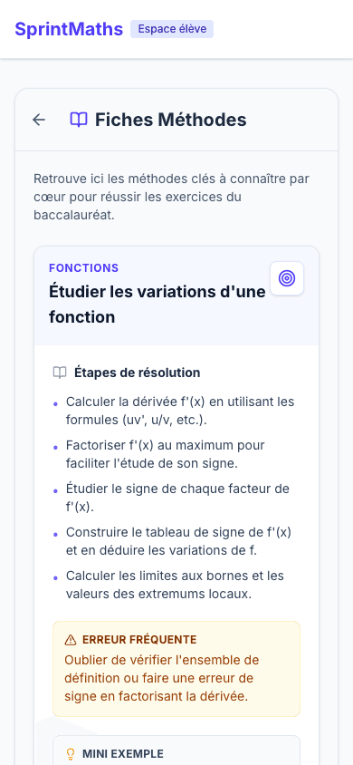 Capture mobile SprintMaths d'une fiche méthode de Terminale pour réviser le Bac Maths 2027.