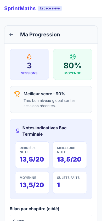Capture mobile SprintMaths montrant une note indicative sur 20 pour suivre la préparation Bac Maths 2027.