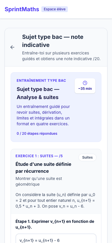 Capture mobile SprintMaths d'un exercice guidé type bac.